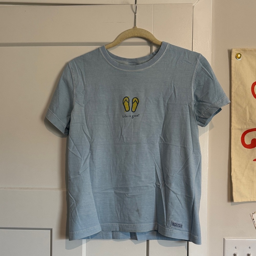 Life Is Good Womens Light Blue T-Shirt with Flip Flop Design